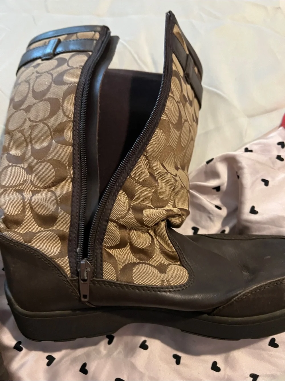 Coach Brown Signature Monogram Tall Boots with Gold Hardware